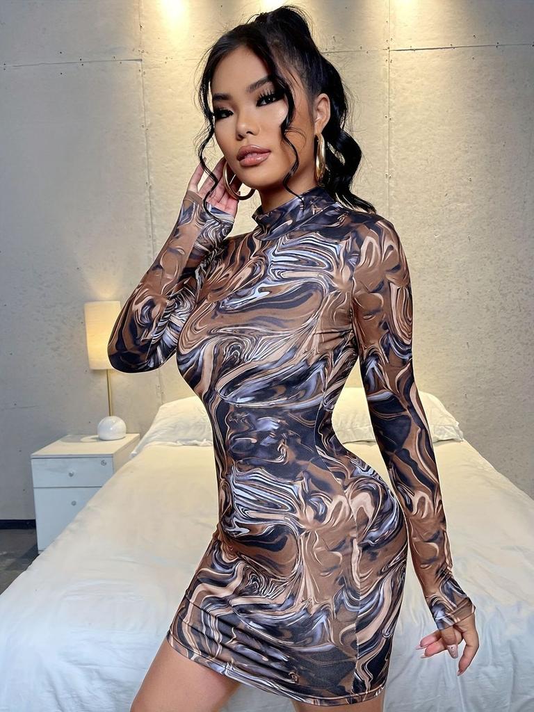 Streetwear Tropical Print Mini Bodycon Dress With Long Sleeves For Autumn 2024