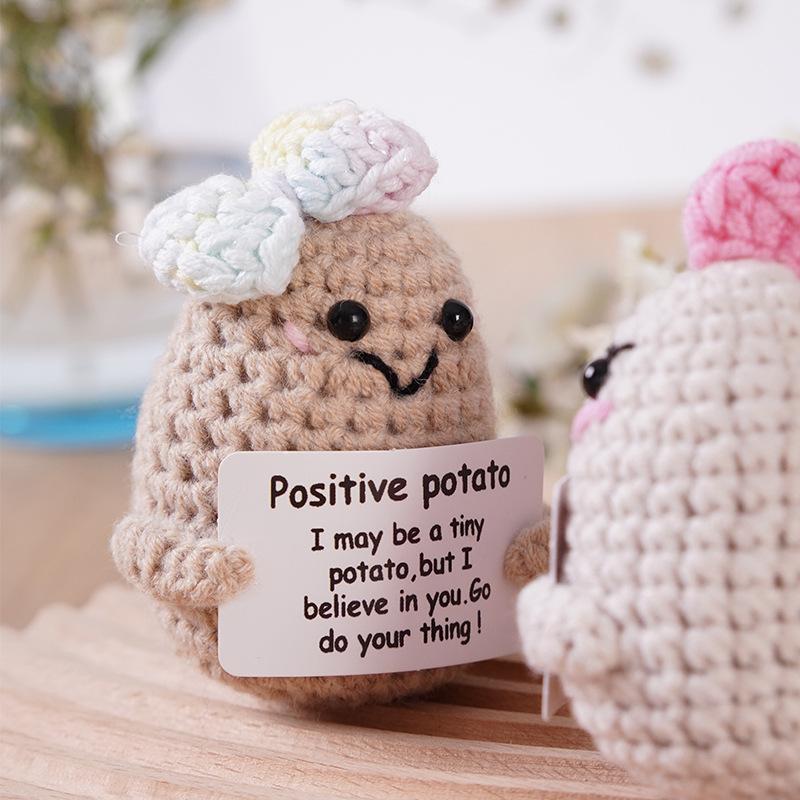 Funny Crochet Colorful Hat Potatoes With Card Home Room Decoration Handmade Knitted Positive Energy Potato Doll Christmas Gifts