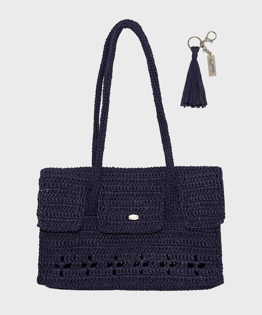 Slowslowly Lily Handmade Crochet Raffia Hermetic Shoulder Bag (+Gift Tassel Keyring Included) _ Navy