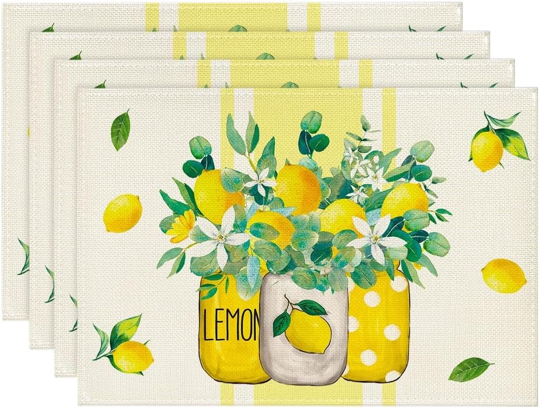 

Yellow Stripes Vase Lemon Summer Placemats Set of 4, 12x18 Inch Seasonal Spring Table Mats for Party Kitchen Dining Decoration 4pcs-12x18