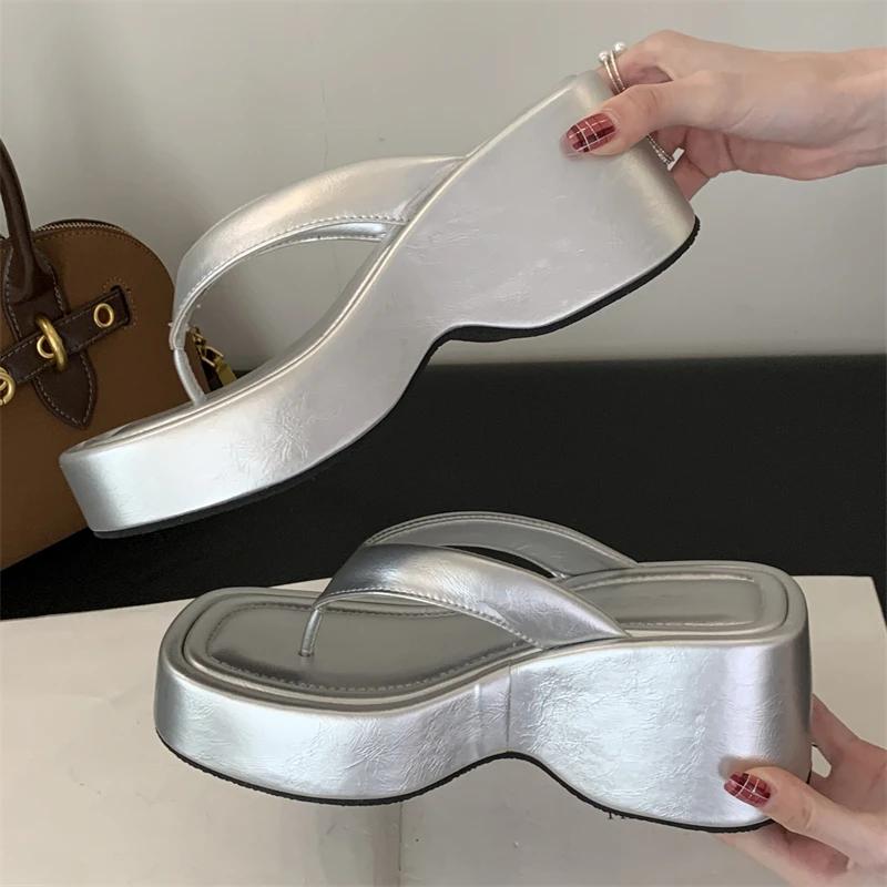 Eilyken High Quality Summer Square Clip Toe Platform  Wedges Women Slippers Thick Heels Flip Flops Slide Shoes