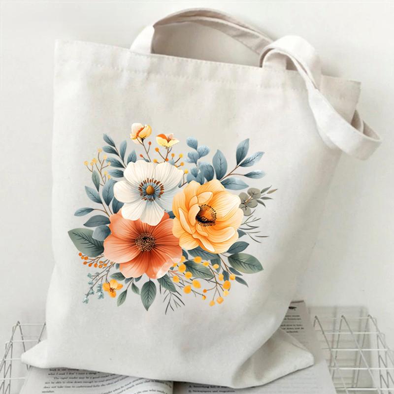 Elegant Wildflowers Aesthetic Canvas Handbag Reusable Floral Shopping Tote Bag for Women