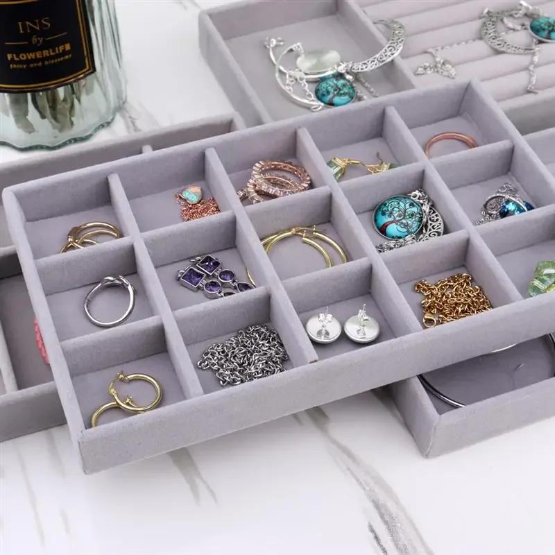 Velvet Jewelry Storage Box Necklace Stackable Display Tray Bracelet Earring Organizers DIY Handicrafts Drawer Box Grey