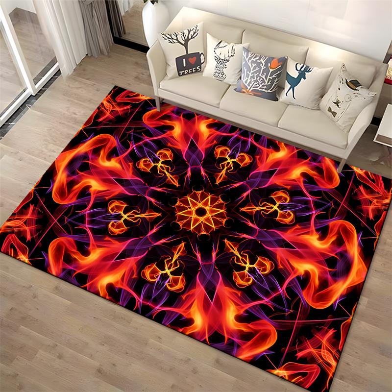 Abstract Flame Design Rug with Red and Purple Mandala Pattern Background Suitable for use as an anti-slip for living room bedroom sofas