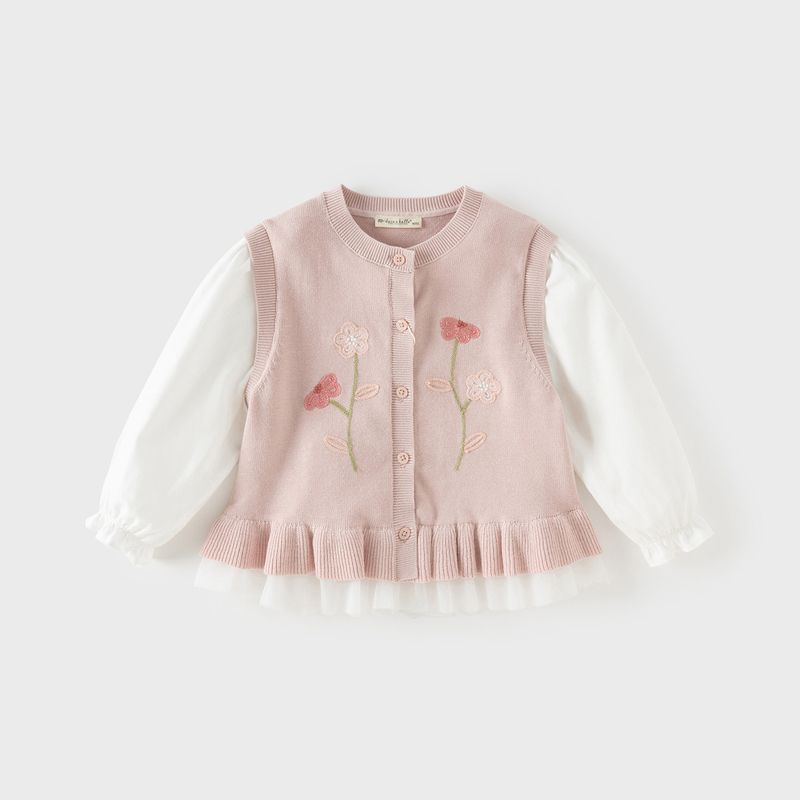 David Bella Girls  Faux Two-Piece Sweater Cardigan 2026 Spring Collection Children s Class a Anti-Static Baby Knit Jacket Gray Pink [Ready in Stock] 120