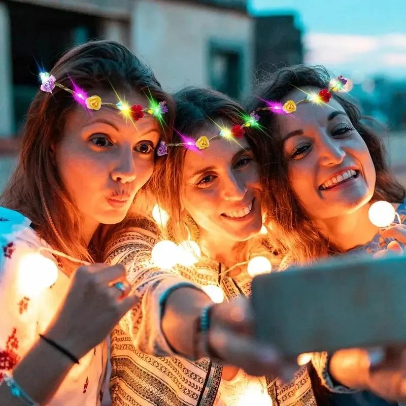 60 Adet Çiçek Çelenk Parlayan 10 LED'li Başlık Çelenk Taç Çiçekli Saç Bandı Parlayan Çelenk Düğün Partisi Noel Çelengi İçin