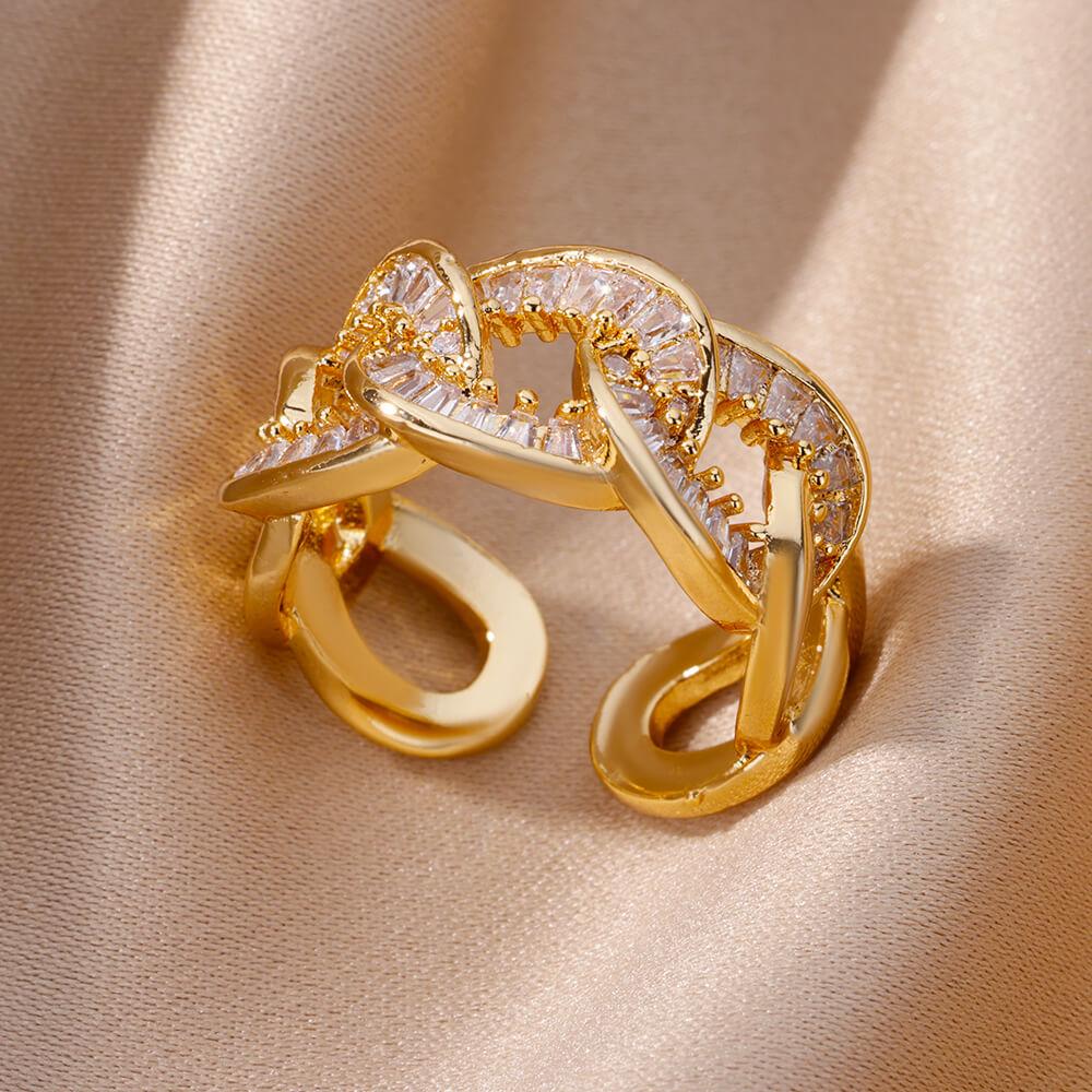 18K Gold Plated Open Ring with Zirconia Leaf Design - Luxurious, Non-Fading, Ideal for Women