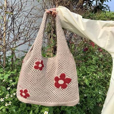 Moda Tatlı Çiçek Örme Hollow Tote Çanta Büyük Kapasiteli Alışveriş Çantası Bayanlar Kadınlar için Basit Retro Omuz Çantası Çanta