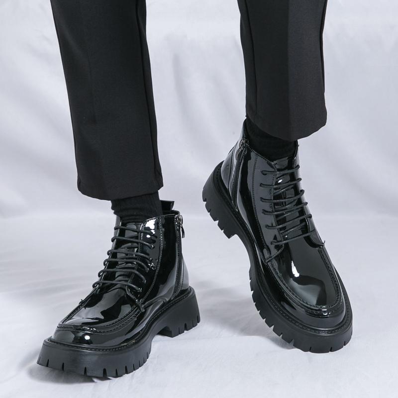 Trendy Men's Shiny Leather Shoes Thick Soled Wear-resistant Lace Up Outdoor Work Boots Winter Green Business Men's Ankle Boots