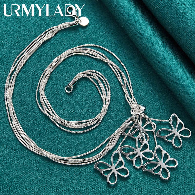 URMYLADY 925 Sterling Silver Five Butterfly Pendant Snake Chain Necklace For Women Fashion Jewelry