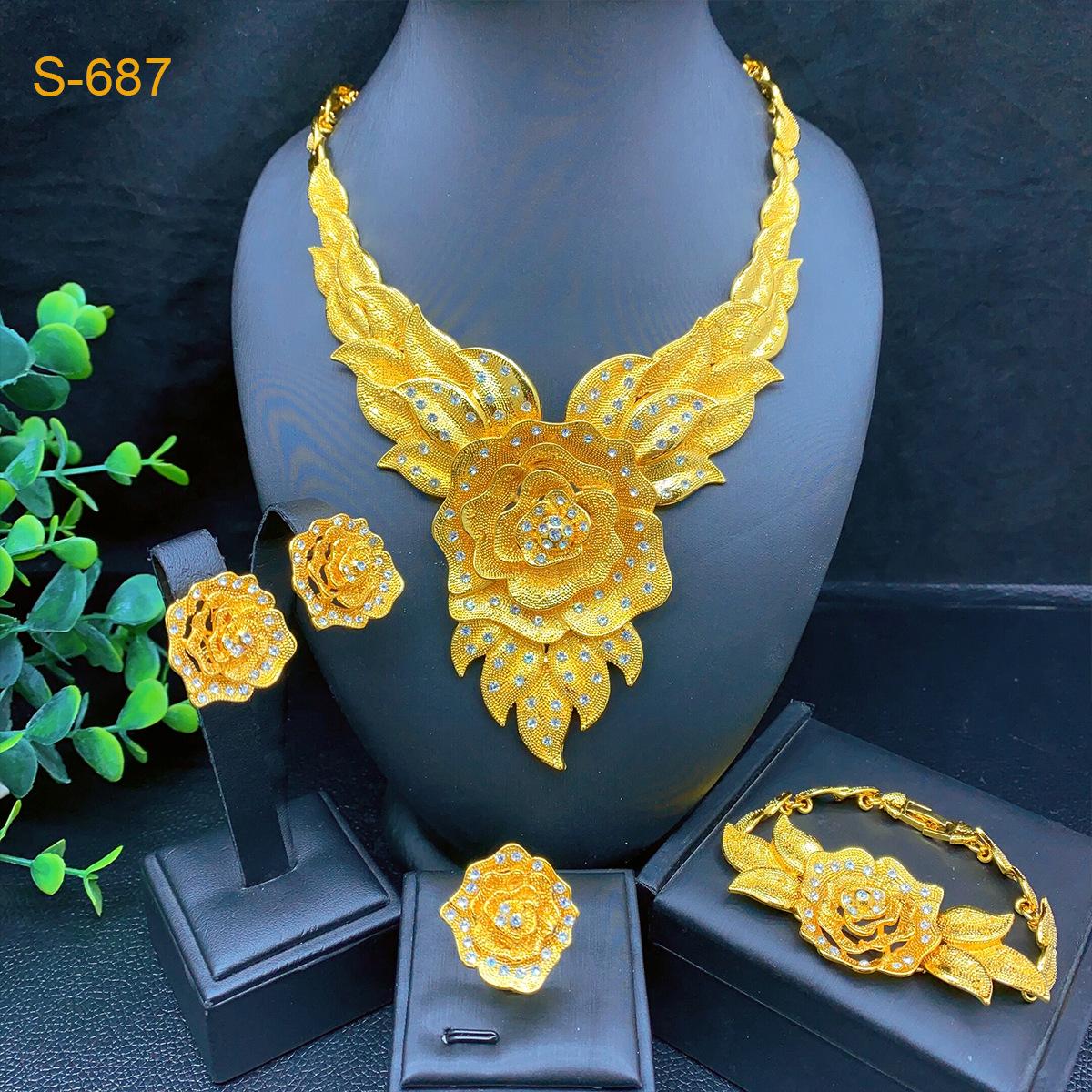 

Africa Dubai Gold Wedding Jewelry 24k Gold Plated Bridal Jewelry Set Necklace Earrings Four-piece Set Spot 2026 45CM