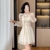 Real shot chic design sense long sleeve chiffon dress children waist temperament design sense small short skirt autumn