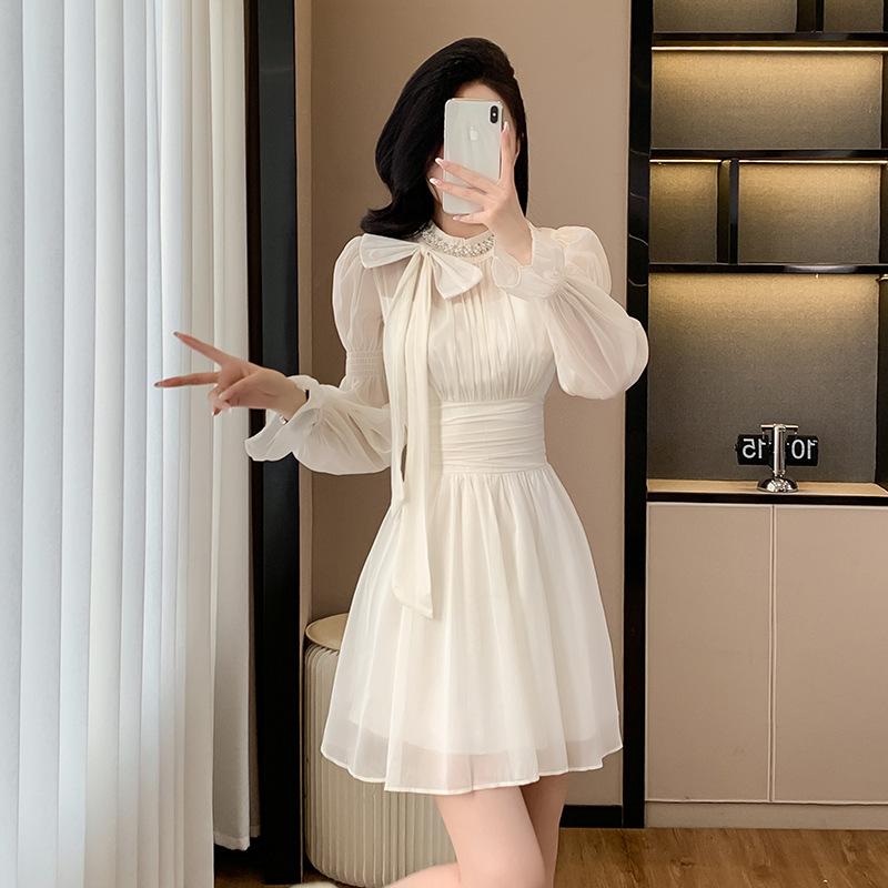 Real shot chic design sense long sleeve chiffon dress children waist temperament design sense small short skirt autumn
