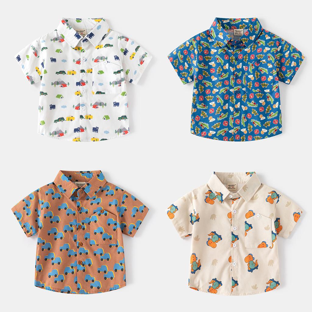 Boys Digital Print Shirt Short Sleeve Casual Button Down Collared Summer Fashion Top Clothing for Toddler and Kids