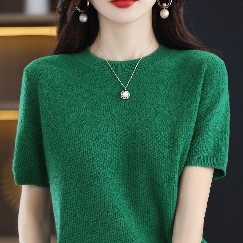 Knitted Shirt Hollowed Out T-shirt Spring New Round Neck Short Sleeved Loose Top