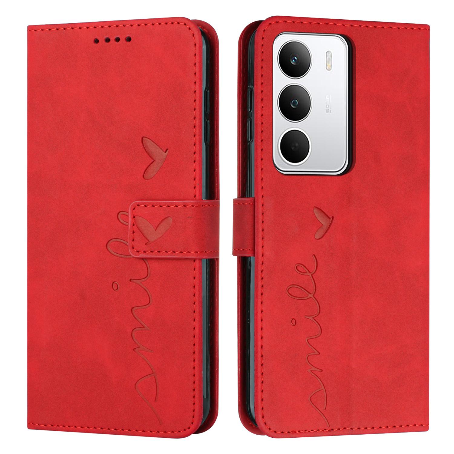 

Для Realme C71 4G Чехол-подставка из ПУ кожи Чехол для телефона с тисненым узором в виде сердец Red