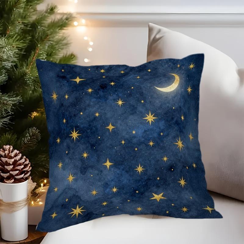1pc, Square Sofa Cushion Cover, Dark Textured Background with Golden Star And Crescent Pattern, Suitable for Home Sofas, Beds, Pillowcases, Bedroom, L