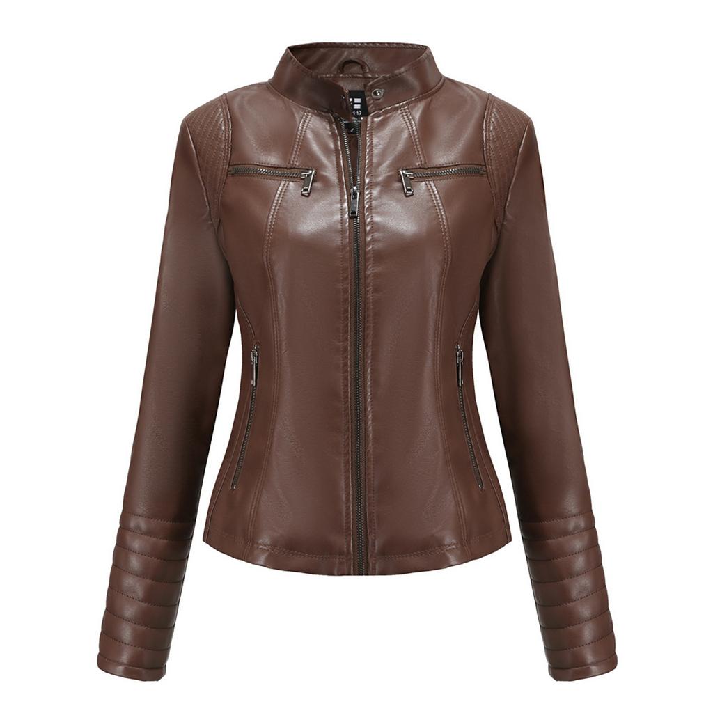 Women's Slim Leather Stand-Up Collar Zipper Stitching Solid Color Jacket