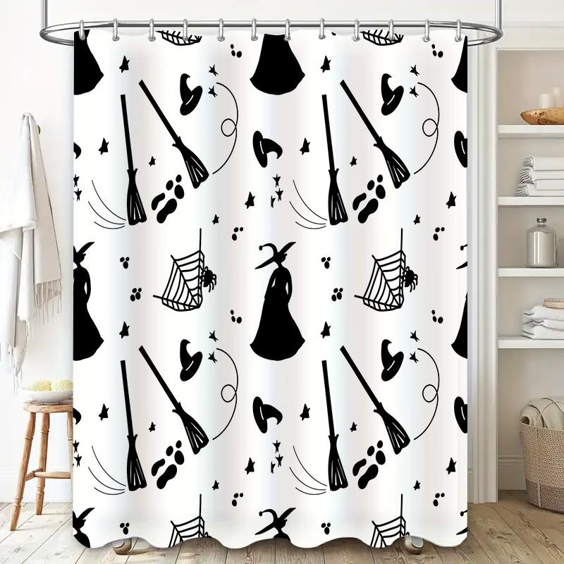 Halloween-Themed Shower Curtain With Witch Hat Broomsticks, Perfect For Spooky Bathroom Decor! Easy Installation, Washable Fabri