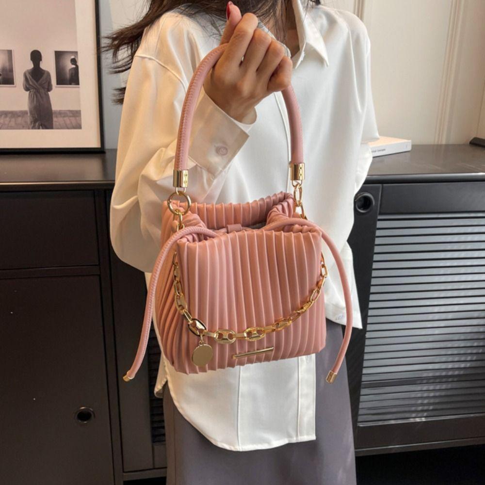 Chain Shoulder Crossbody Bag Pleated Design Bucket Bag Trendy Messenger Bag  Women