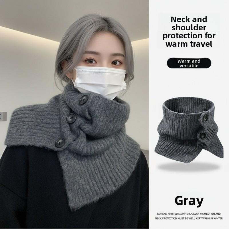 New neck cover women's autumn and winter scarf, Korean version of solid color cold-proof and warm neck protection shawl, knitted button scarf