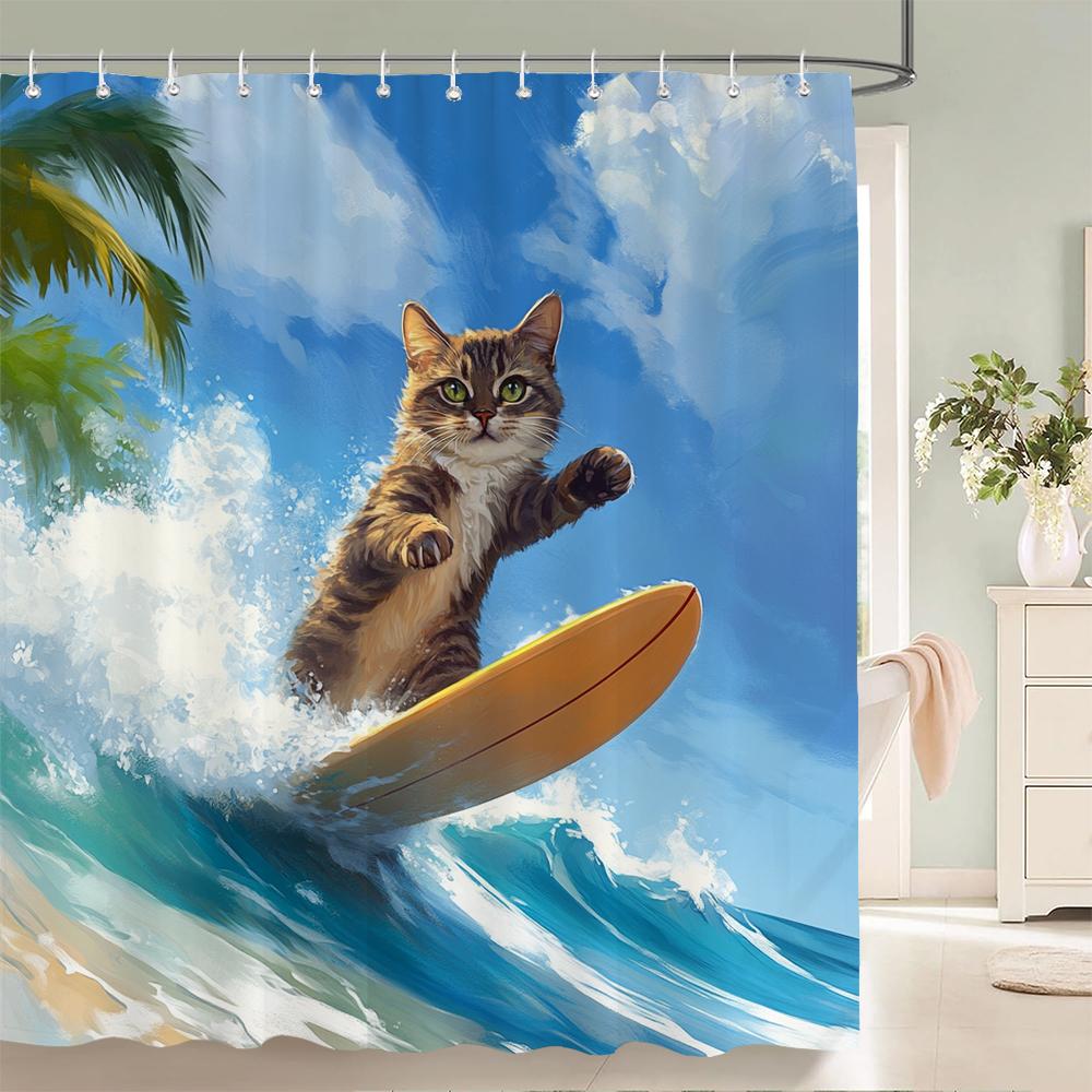 Funny and Creative Beach Cats and Dogs Fabric Shower Curtain Waterproof Polyester Bath Curtains for Bathroom Decorate with Hooks