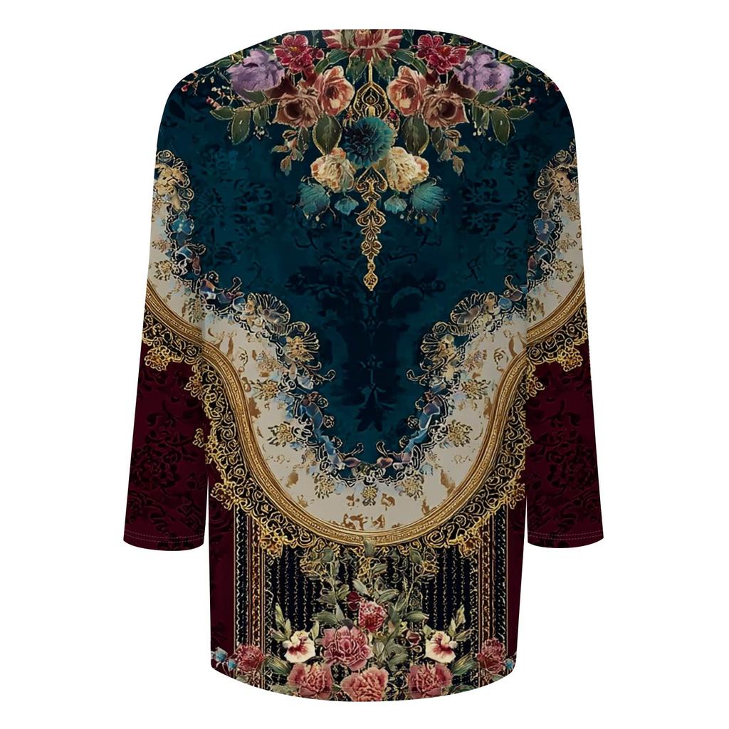 Trendy Vintage 3/4 Sleeve Top For Women,Ladies Casual Three Quarter Sleeve Round Collar Printed T-Shirt Blouse