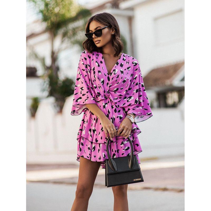 

Fashion Summer New V Neck Big Flower Print Elastic High Waist Slimming Western Style Pleated Short Sleeves Dress Female Dress Pink 2XL