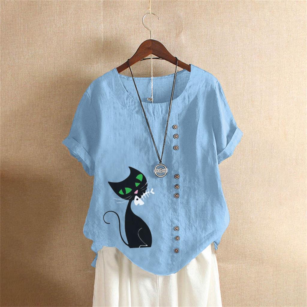 Summer Oversized Cotton and Linen Short-sleeved T-shirt, Cotton and Linen Cat Printed Oversized Women's Clothing
