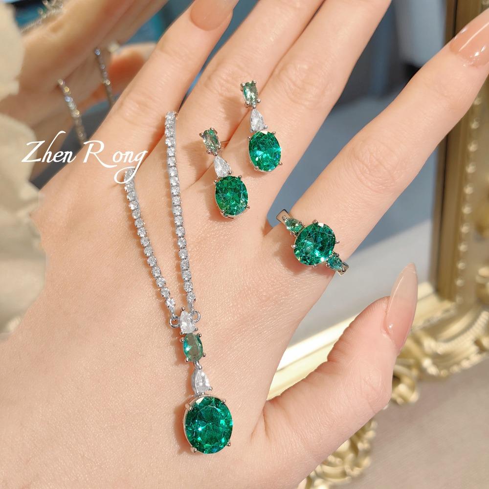 Luxury Women Jewelry Set with Paraiba Necklace High Carbon Diamond Earrings and Open Ring