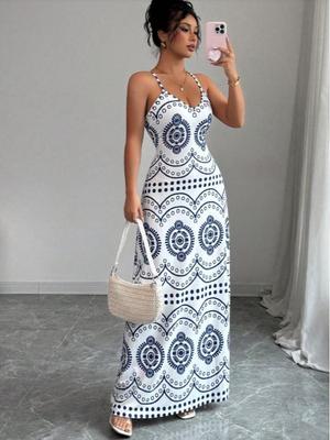 2026 European & American Strappy Printed V-Neck Summer Slim Long Dress