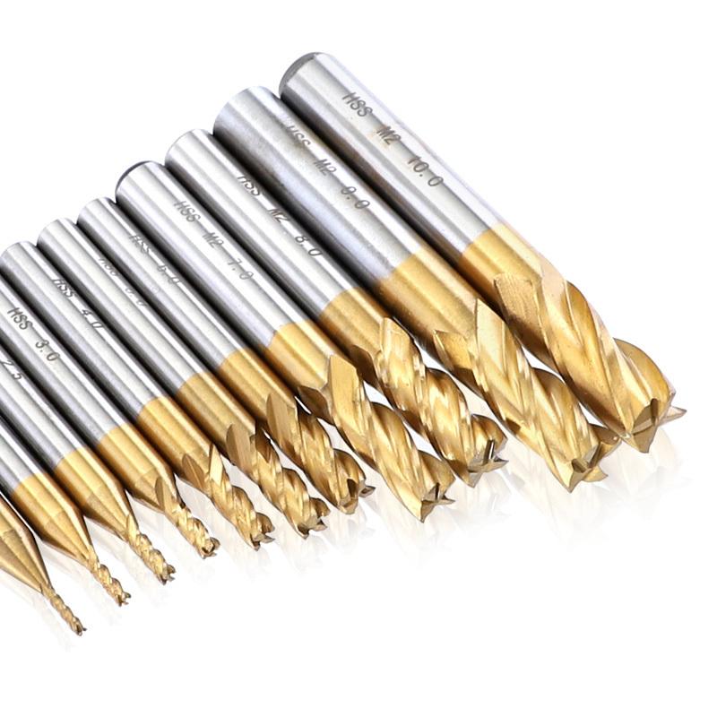 1.5-10mm End Mill Set 7pcs/11pcs 4 Flutes Titanium Coated High Speed Steel CNC Mill Cutter Tool for Wood Metal Steel