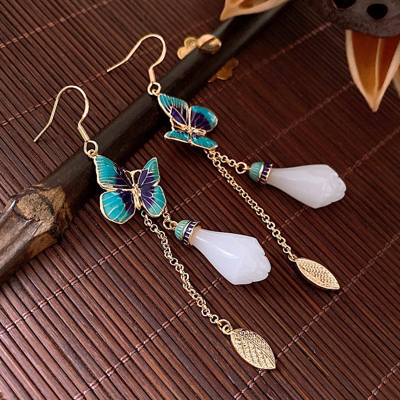 "Silver Needle Bamboo Fan Earrings: Butterfly Drop, Retro Fashion for Women"