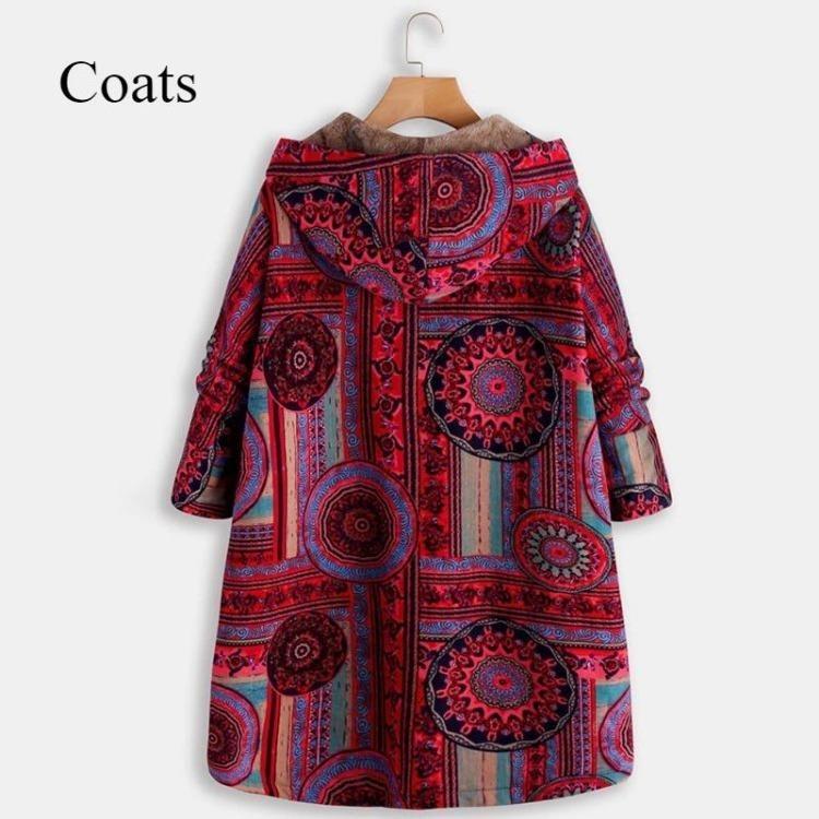 Winter Warm Damen Nationalstil Retro Langer Bedruckter Hoodie Mantel Große Größe Schlankes Temperament Oberbekleidung