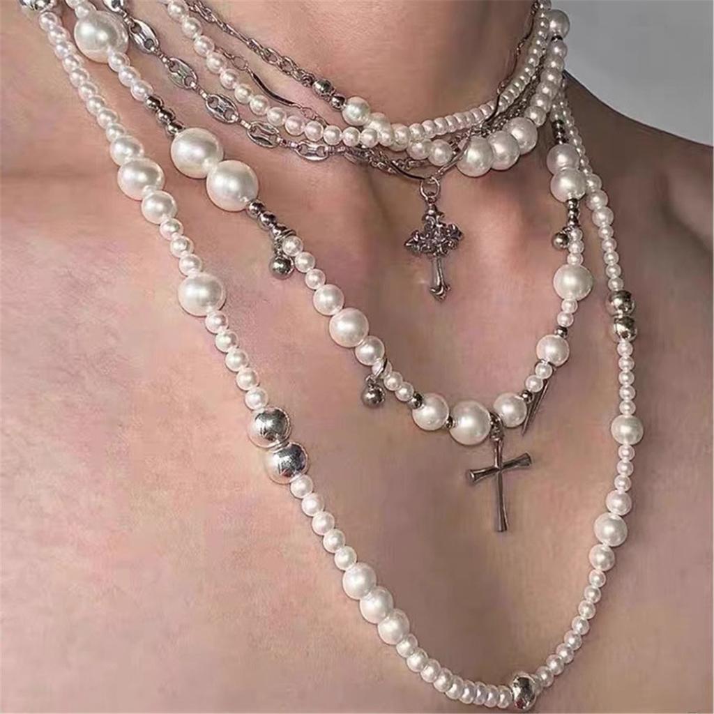Tooxika Niche Design Cool Personality Cross Rivets Multi-element Stacking Pearl Necklace Light Luxury Sense Of High Class Collarbone Chain
