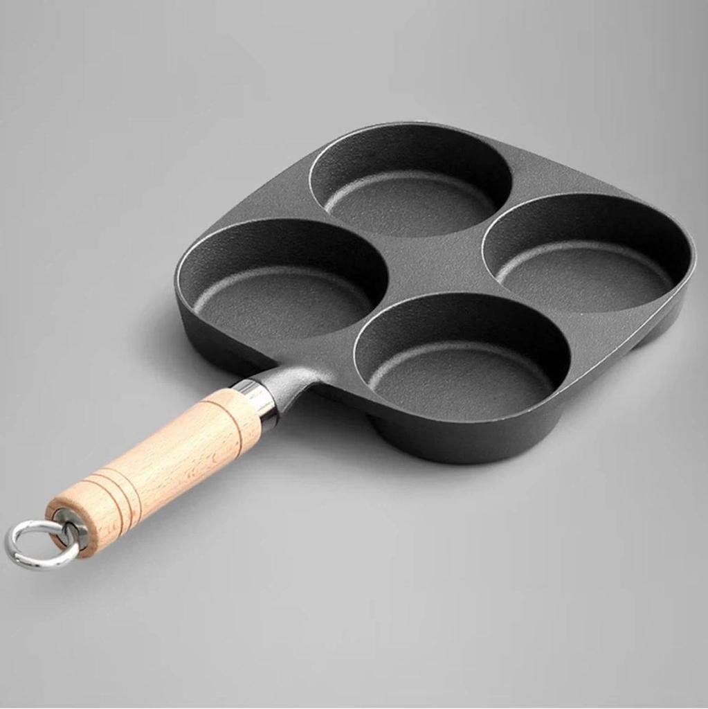 EDGING Four-Hole Cast Iron Frying Pan, Non-Coated and Non-Stick Multi-Functional Breakfast Pan, Flat-Bottom Frying Pan