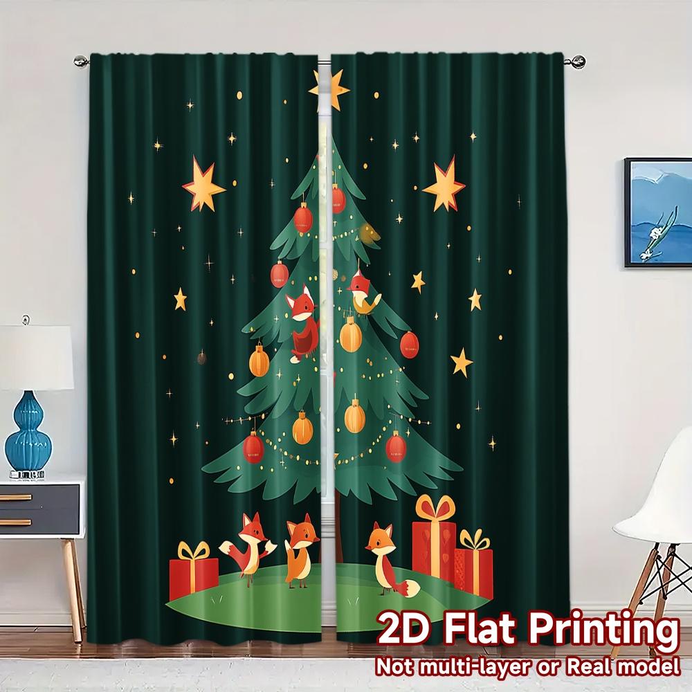 

2pcs,Curtains Christmas Tree Foxes Baubles Stars (2) Popular Curtain Fabric Prints Light Filtering Curtains Decorations For Home 52.50×116.00 CM 2pcs