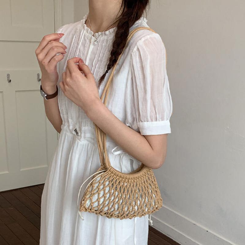Yogodlns Summer Woven Net Shoulder Bag for Women Beach Hollow Out Crossbody Bag Retro Bohemian Vacation Daily Use Purse