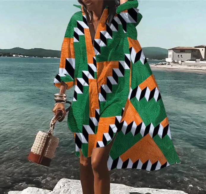 Trendy 3D Floral Print Lapel Long Sleeve Dress