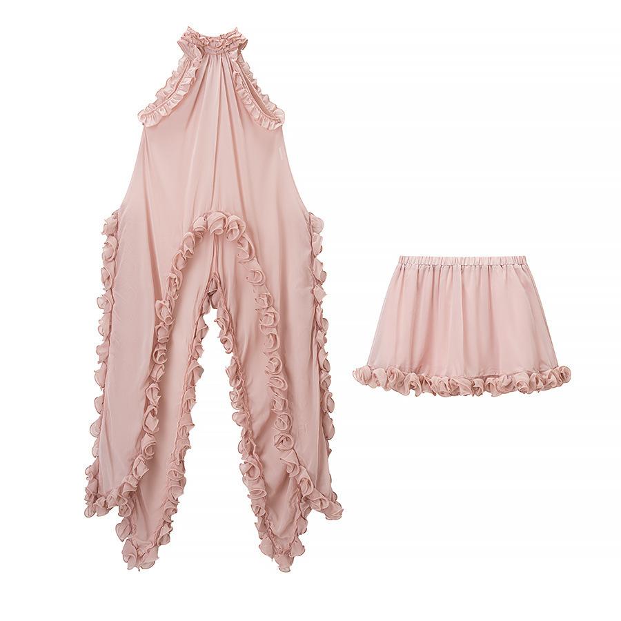 Cross-border women s clothing wholesale 2025 autumn new products European and American style women s clothing ruffle leaf edge vest skirt set S розовый