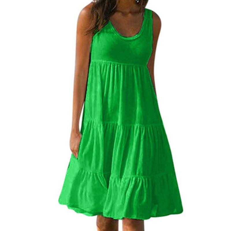 Letní bílé šaty s kulatým výstřihem, bez rukávů, s volánky, volné, plážové šaty pro ženy, boho, jednobarevné, elegantní letní šaty, klubová párty, midi šaty
