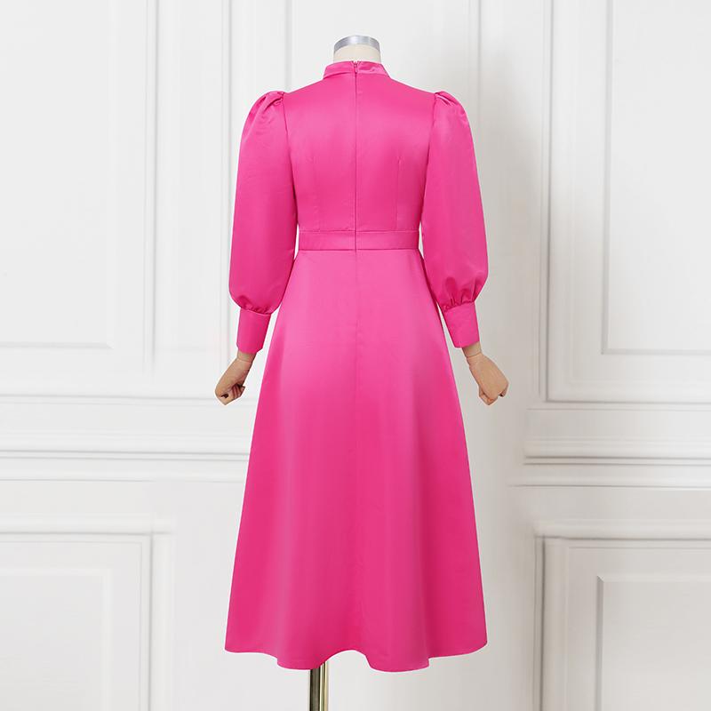 Elegant Women Stand Neck Puff Long Sleeve Casual Long Maxi Swing Dress