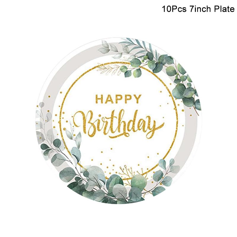 1Set Eucalyptus Happy Birthday Disposable Tableware Paper Plate Cup Napkins Green Leaf Birthday Party Decoration Supplies