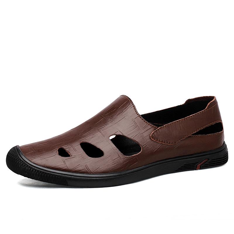 Men s Low-Top Breathable Slip-On Cowhide Sandals with Holes 43 коричневый