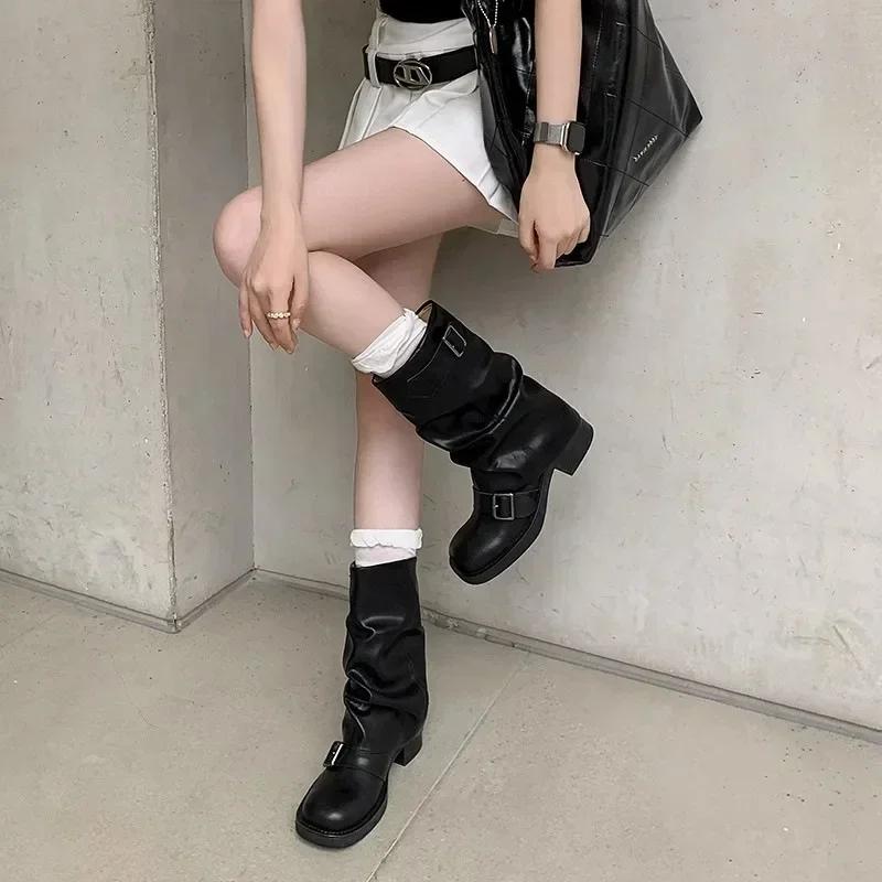 Women's New Autumn Pleated Pile Boots Fashionable Retro Western Cowboy Boots Round Toe Thick Heel Belt Buckle Knight Boots
