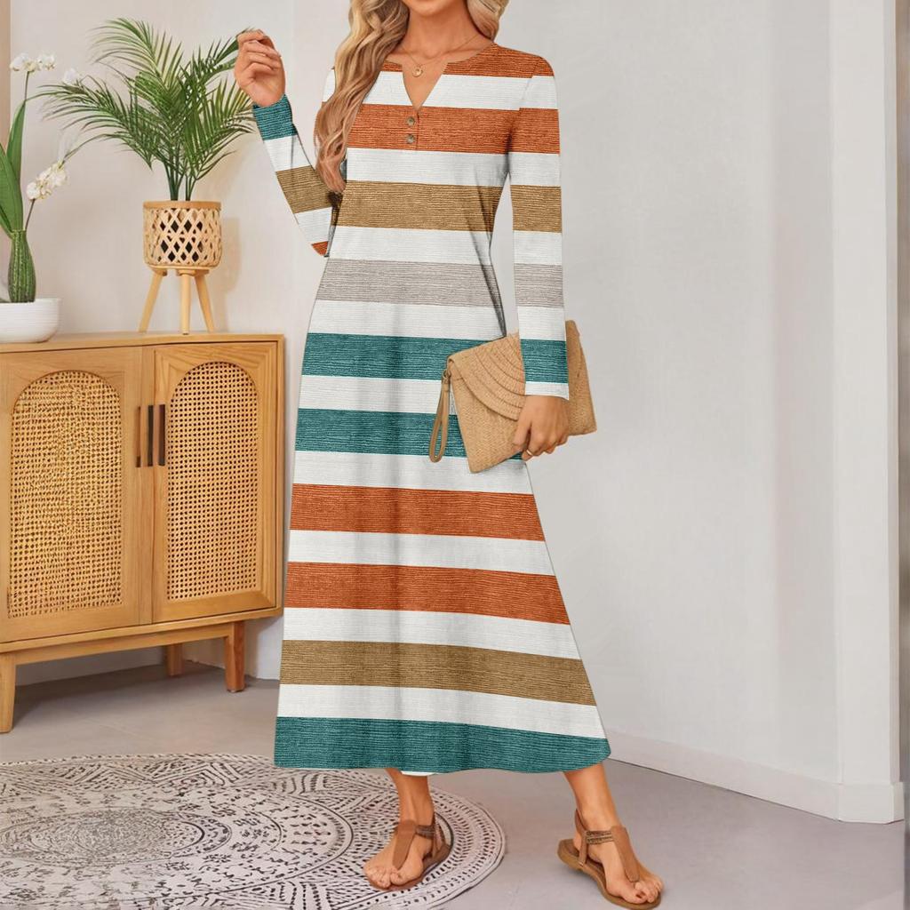 Rochie confortabilă largă cu mânecă lungă, cu imprimeu retro pentru femei, rochie elegantă