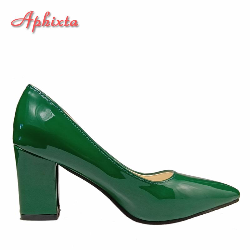 Aphixta New 2.75Inch Square Heel Patent Leather Shoes Women Pumps Dark Green Thick Heels Work Pointed Toe Plus Size 50