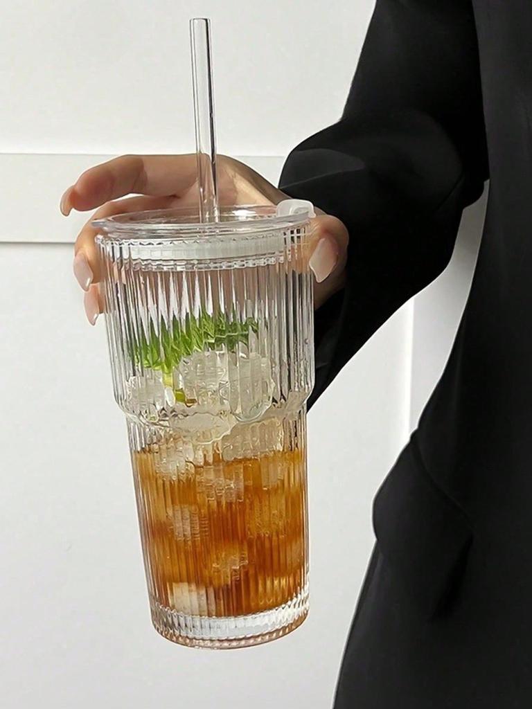 500ml gestreifte Glasbecher mit Deckel & Strohhalm, hitzebeständig, für Kaffee/Tee/Smoothies, ideal für Büro, Picknick & täglichen Gebrauch, in Schaumstoffbox verpackt