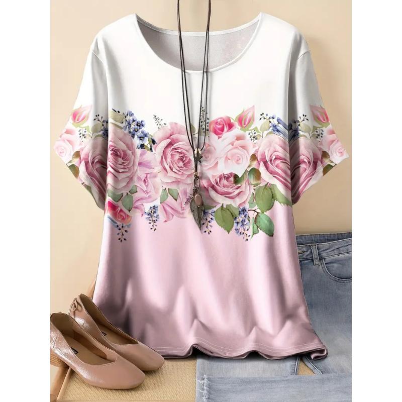 Summer women's new loose 3D printing round neck casual large size women's T-shirt