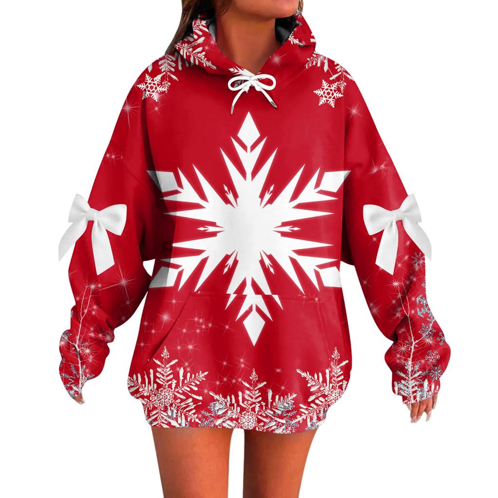 Ladies' Christmas Printed Bow Long Sleeved Loose Fitting Headband With Rope Hooded Sweatshirt Top